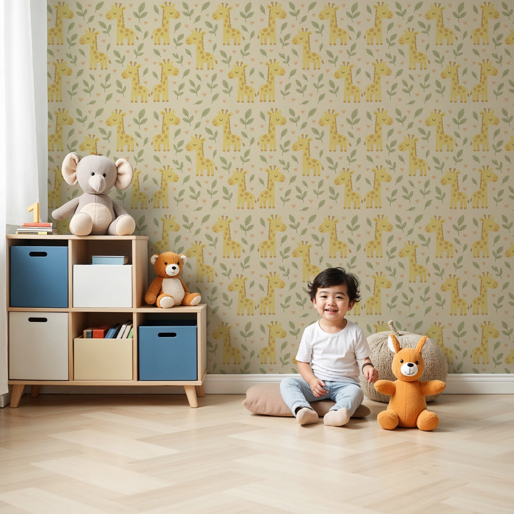 Giraffe mural wallpaper creating magical safari nursery with soft pastels by Kids-Mundo