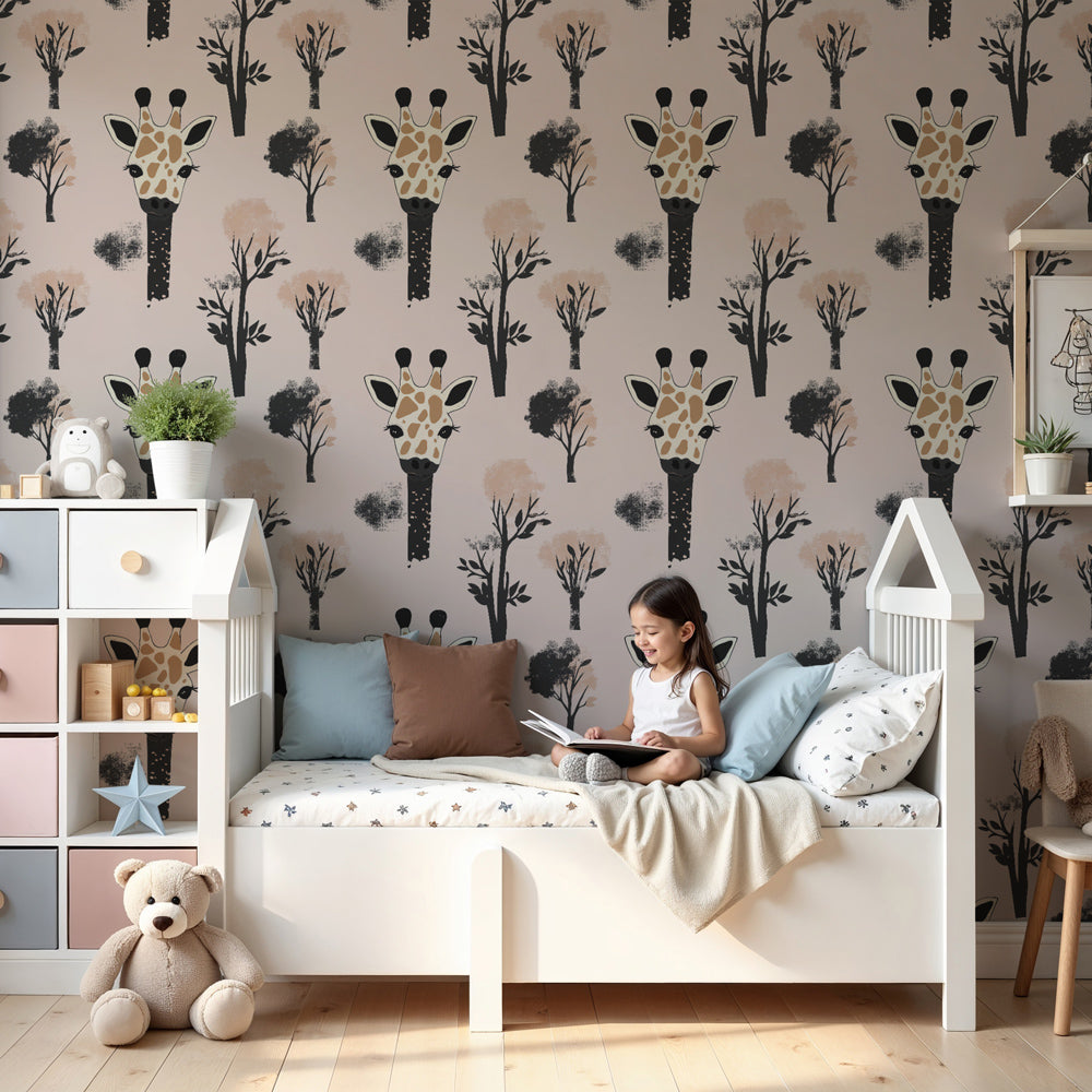 Giraffe safari mural wallpaper in modern nursery with neutral decor by Kids-Mundo