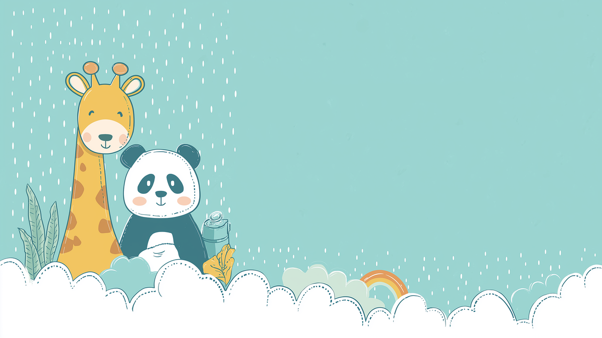 Giraffe and Panda in a Soft Rain Shower Wall Mural