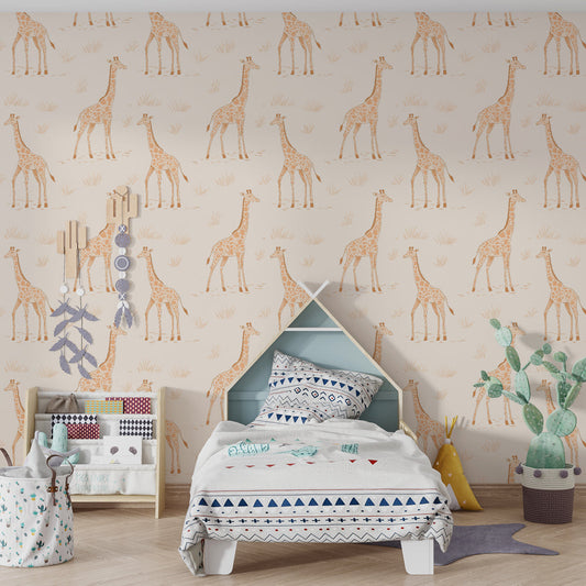 Kids-Mundo giraffe pattern wall mural behind a bed in a neutral-toned kids' bedroom.