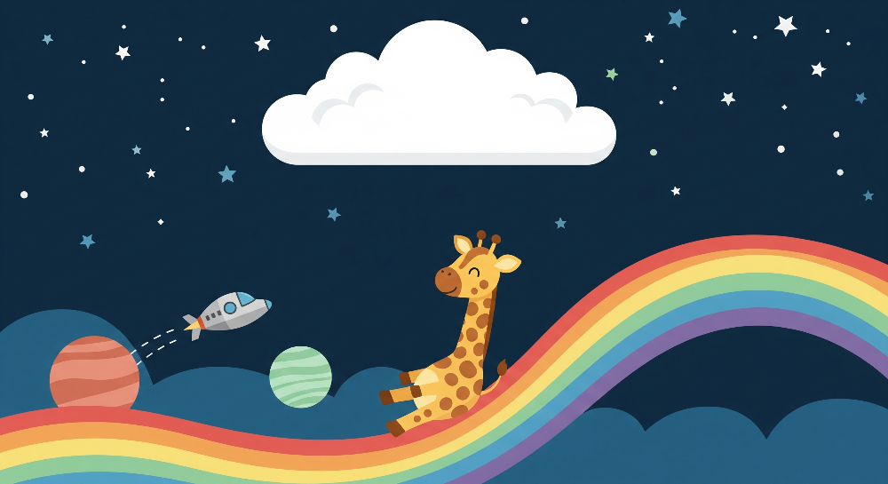 Kids-Mundo space wall mural flat artwork showing giraffe on a rainbow among stars and planets