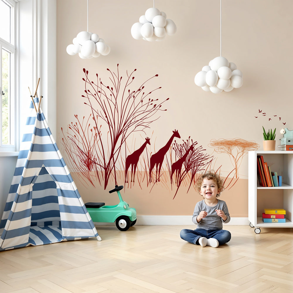 Giraffe safari mural wallpaper creating serene nursery with natural wood furniture by Kids-Mundo