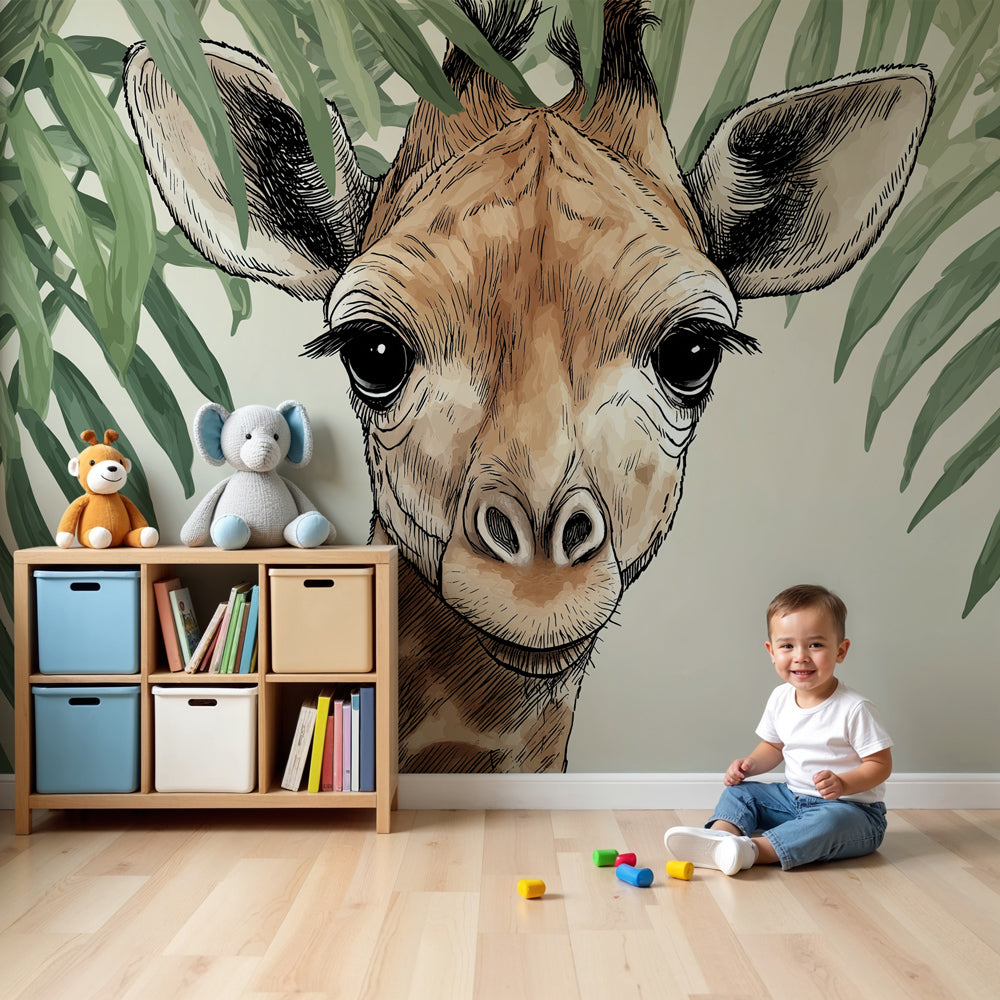 Giraffe safari mural wallpaper in modern nursery room with natural wood furniture by Kids-Mundo