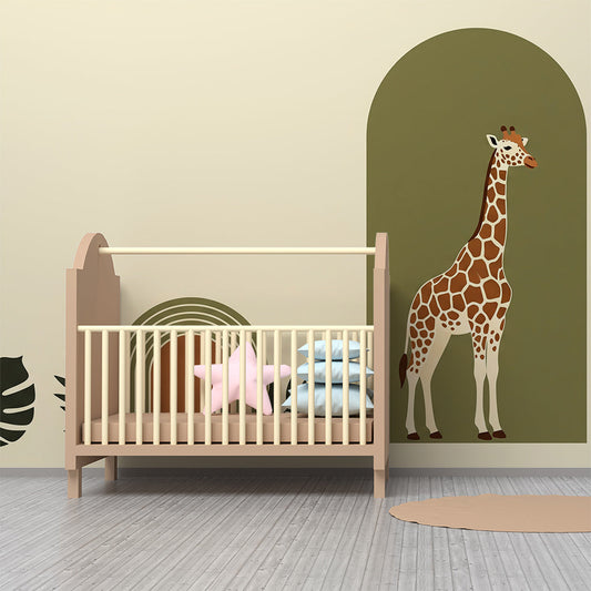 Kids-Mundo sage green giraffe arch mural on a feature wall in a bright kids bedroom