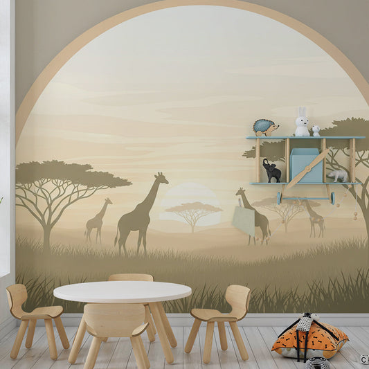 Kids-Mundo safari wall mural featuring silhouetted giraffes in a calm kids bedroom wall scheme