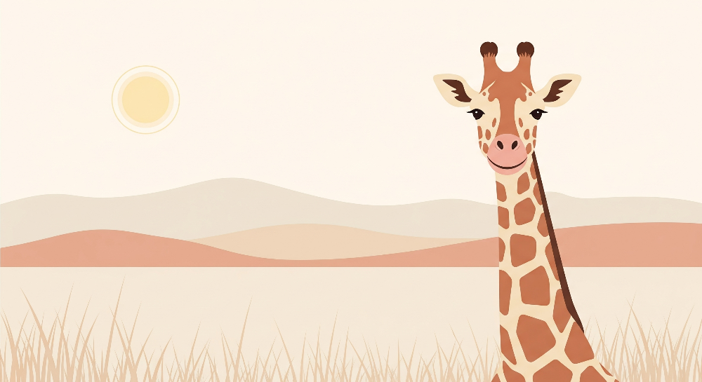 Kids-Mundo flat artwork of a smiling giraffe standing against a warm terracotta savannah sunset.