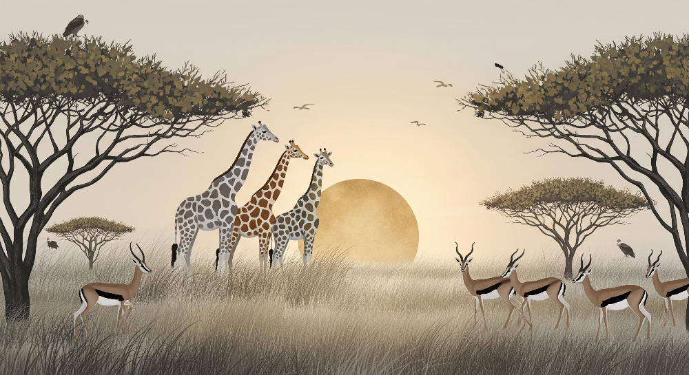 Kids-Mundo flat artwork of the giraffe sunset savanna wall mural design