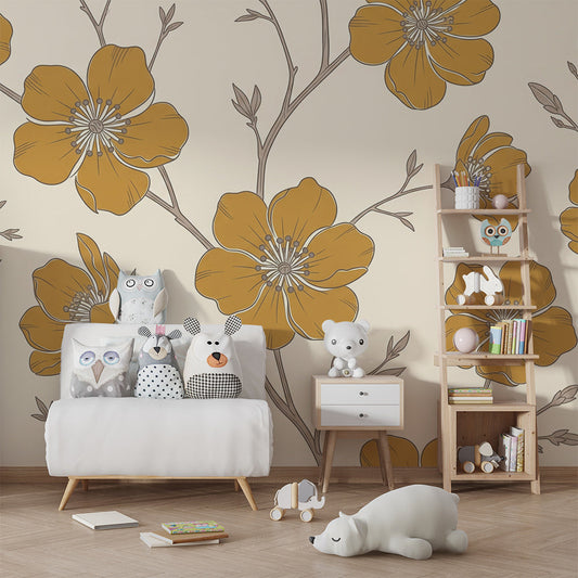 Kids-Mundo botanical line art mural behind a bed in a gentle kids bedroom