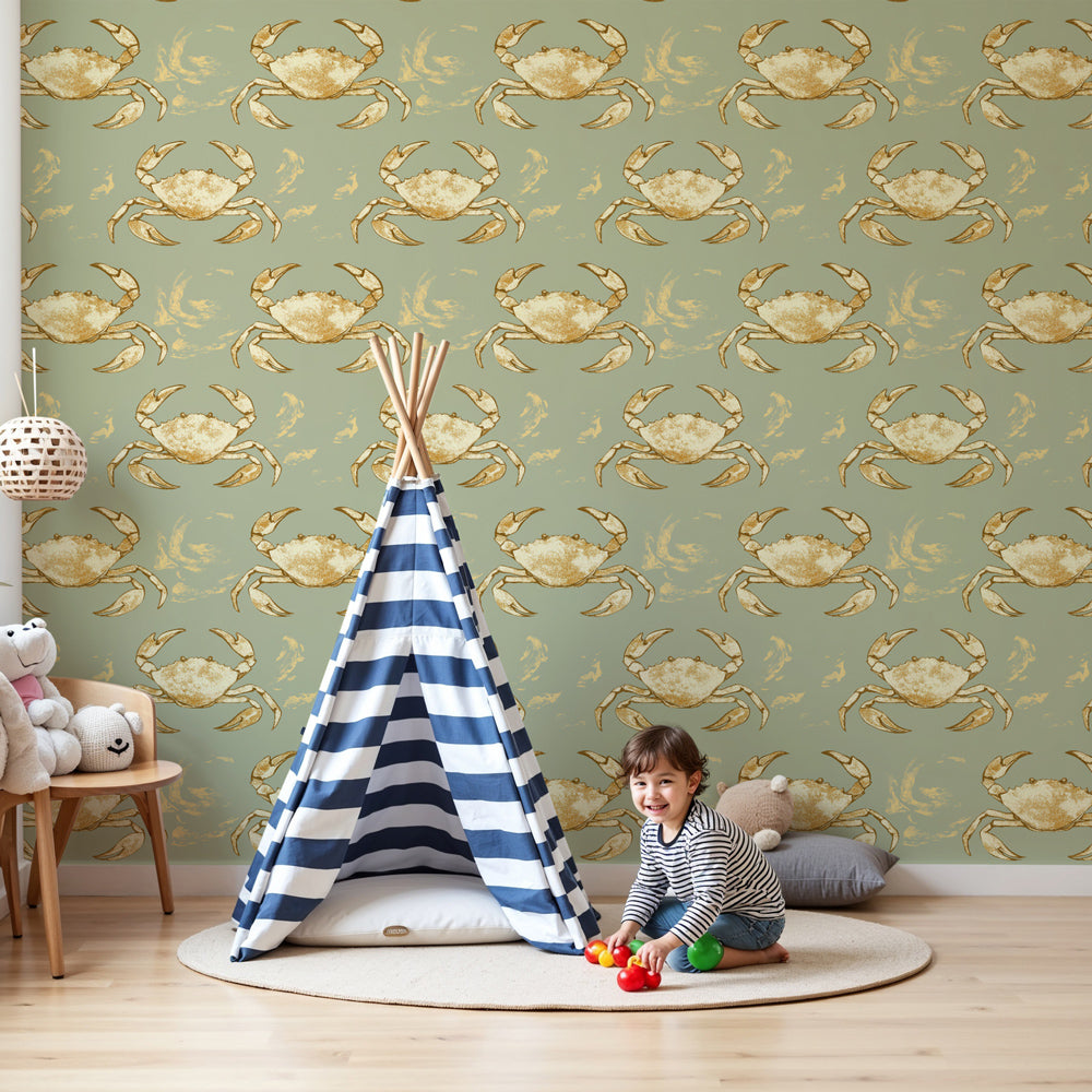 Golden crab mural wallpaper in coastal nursery room setting by Kids-Mundo