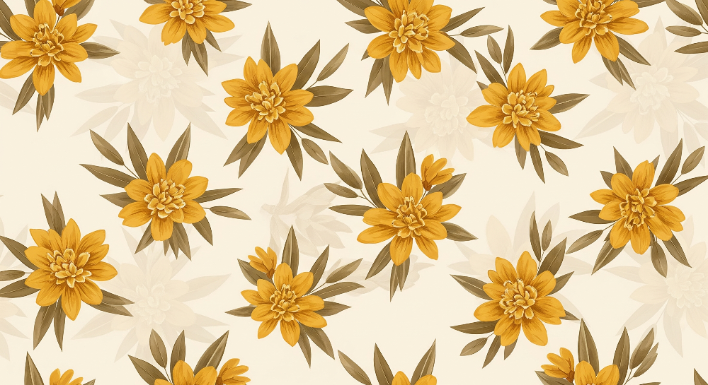 Kids-Mundo golden dahlia flower pattern with ghost blooms on cream, flat artwork