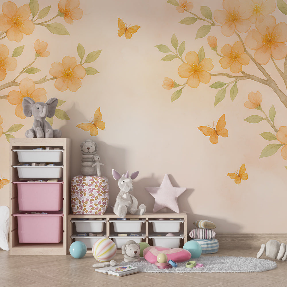 Floral mural wallpaper with golden flowers creating serene kids bedroom atmosphere