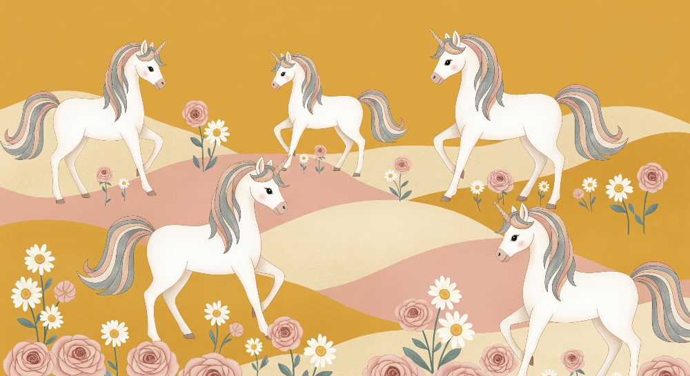 Kids-Mundo flat artwork print of five unicorns crossing a rose-filled golden meadow mural design