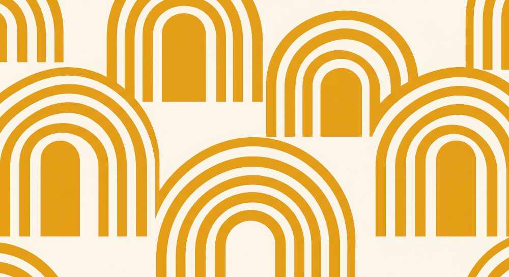 Flat artwork of the Kids-Mundo nested golden rainbow arches repeating across a cream background