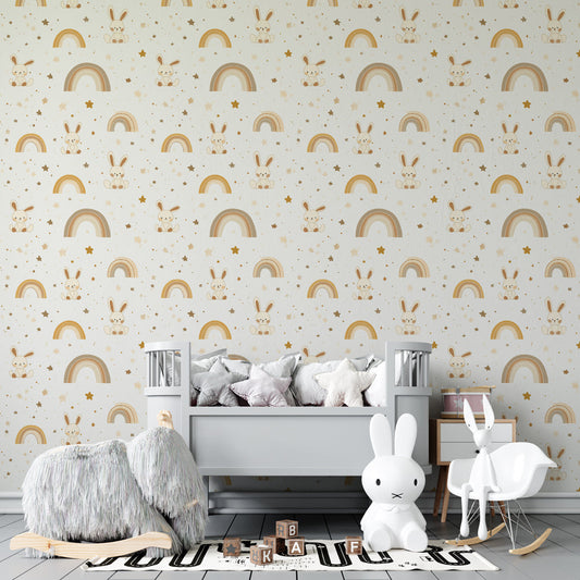 Kids-Mundo bunny and golden rainbow pattern mural on a cosy kids bedroom wall