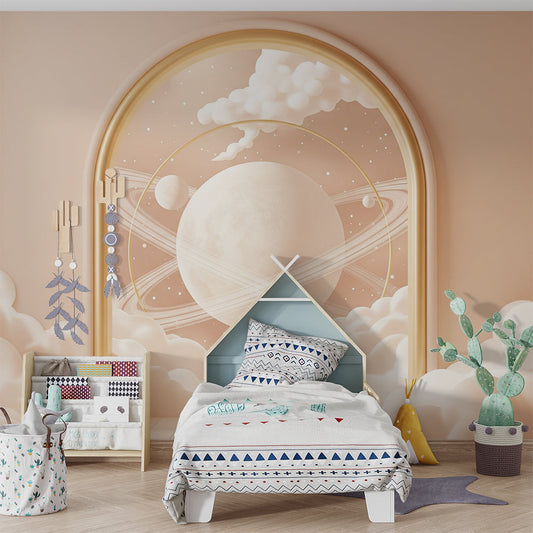 Kids-Mundo golden ringed planet mural as a striking feature wall in a kids bedroom