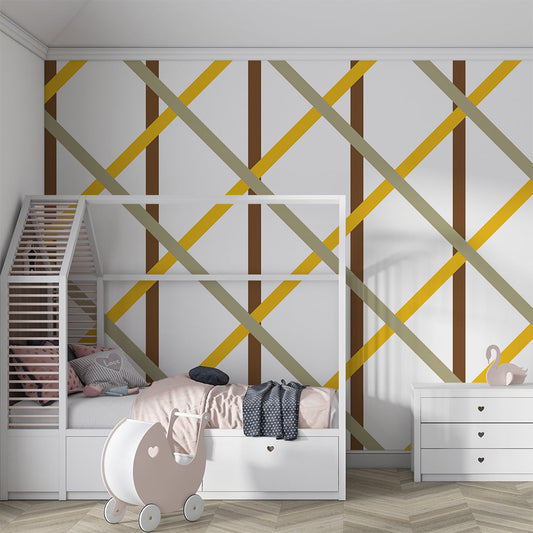 Kids-Mundo geometric trellis wall mural behind a bed in a modern kids bedroom.