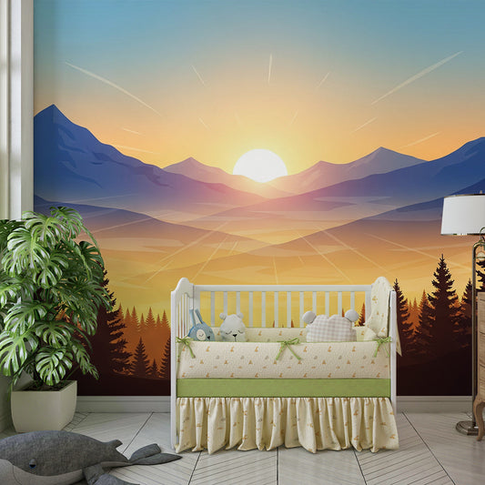 Kids-Mundo sunrise mountain landscape mural covering a feature wall in a child's bedroom