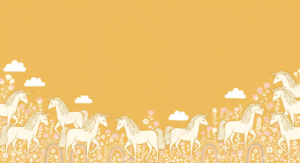 Kids-Mundo flat artwork of a strolling unicorn herd, clouds and rainbows on a golden background