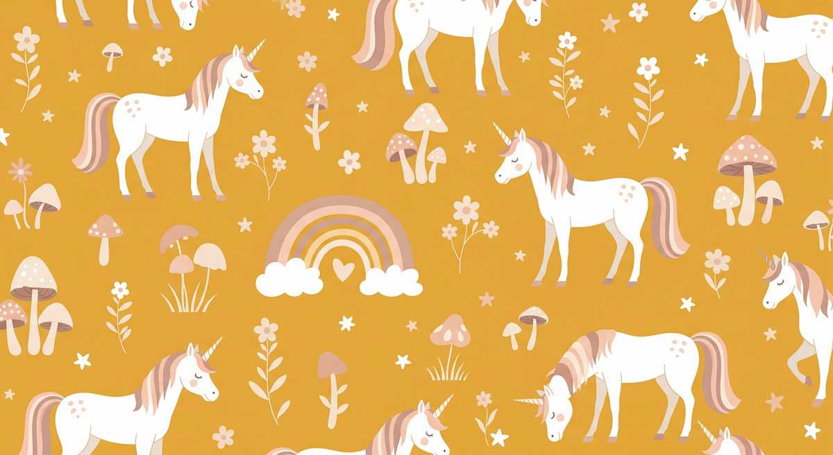 Golden Meadow Unicorns and Mushrooms Wall Mural