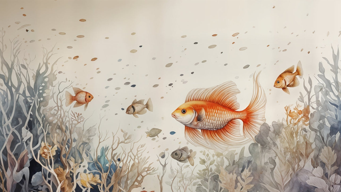 Kids-Mundo flat artwork of a watercolour goldfish swimming among coral and seaweed