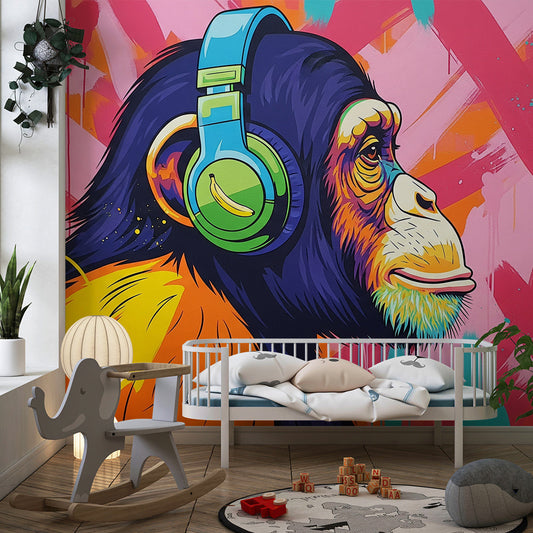 Kids-Mundo street art monkey with headphones mural styled in a child's bedroom
