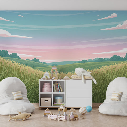 Kids-Mundo meadow hills wall mural on a child's bedroom wall, showing soft green fields under a pastel sky.