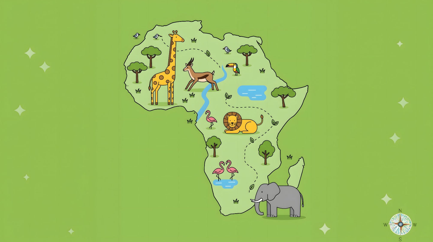 Flat artwork of the Kids-Mundo green Africa safari design with giraffe, lion and elephant