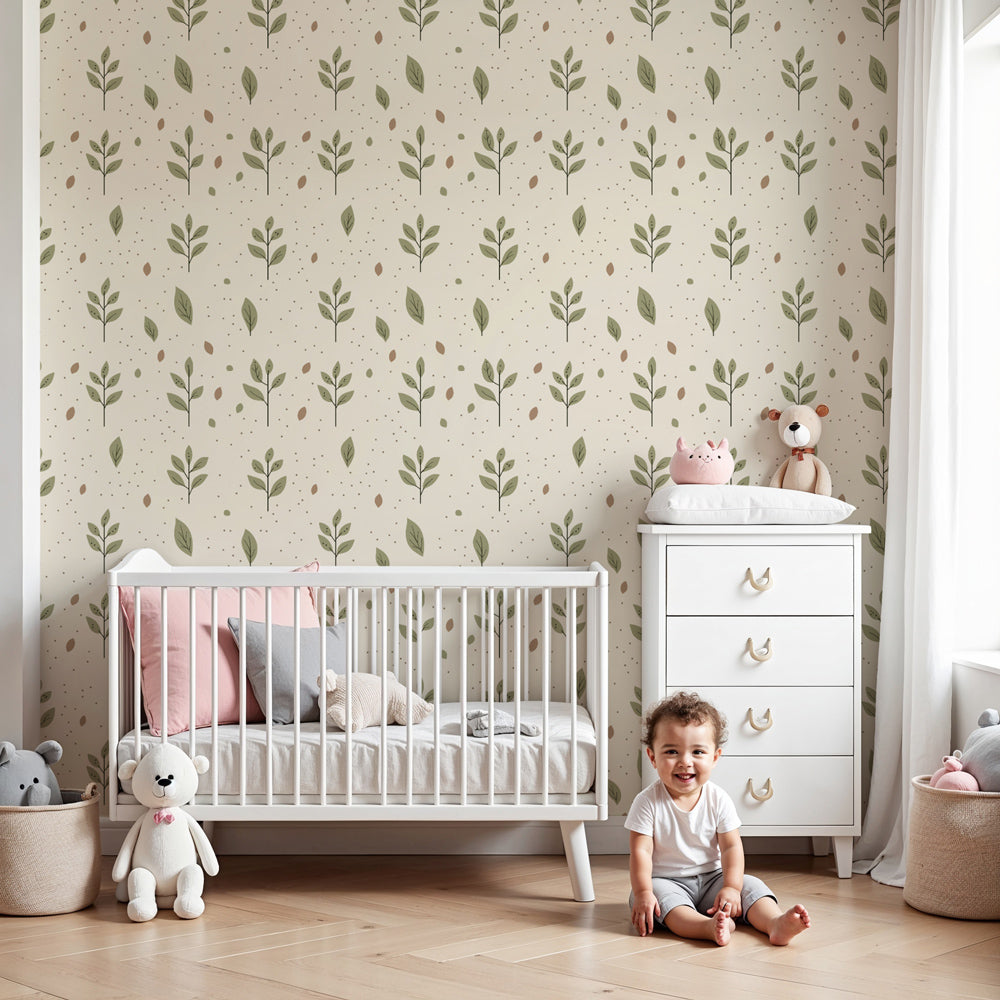 Green leaves mural wallpaper in modern nursery with natural botanical design by Kids-Mundo