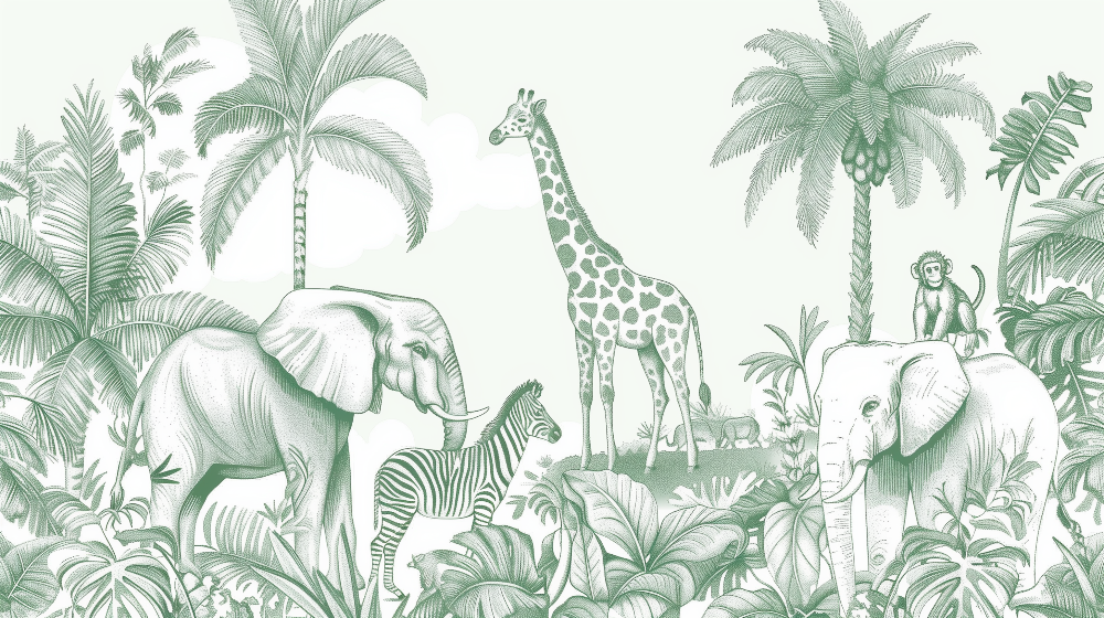 Green Line Art Safari Animals Wall Mural