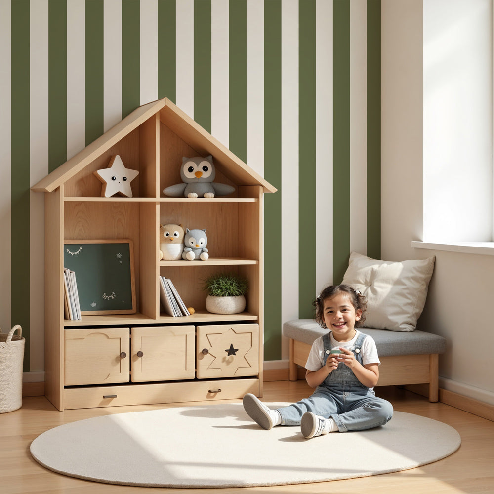 Green stripe mural wallpaper in elegant baby nursery with white crib by Kids-Mundo