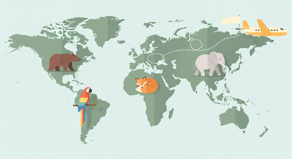 Flat artwork of the Kids-Mundo green world map mural with bear, fox, elephant and aeroplane