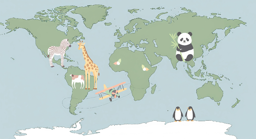 Flat artwork preview of the Kids-Mundo green world map mural with giraffe and biplane