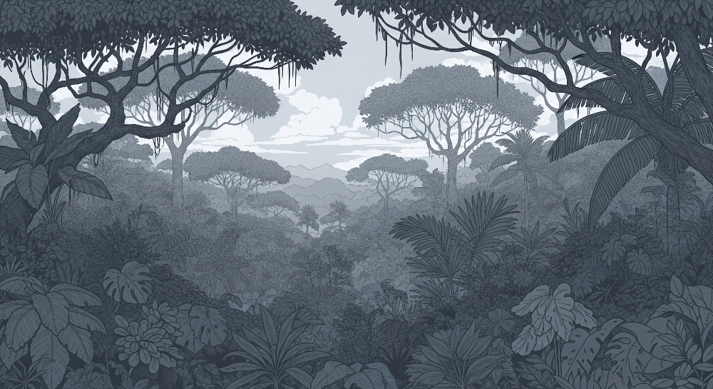 Kids-Mundo grey-blue jungle artwork with layered palm leaves and hazy distant hills
