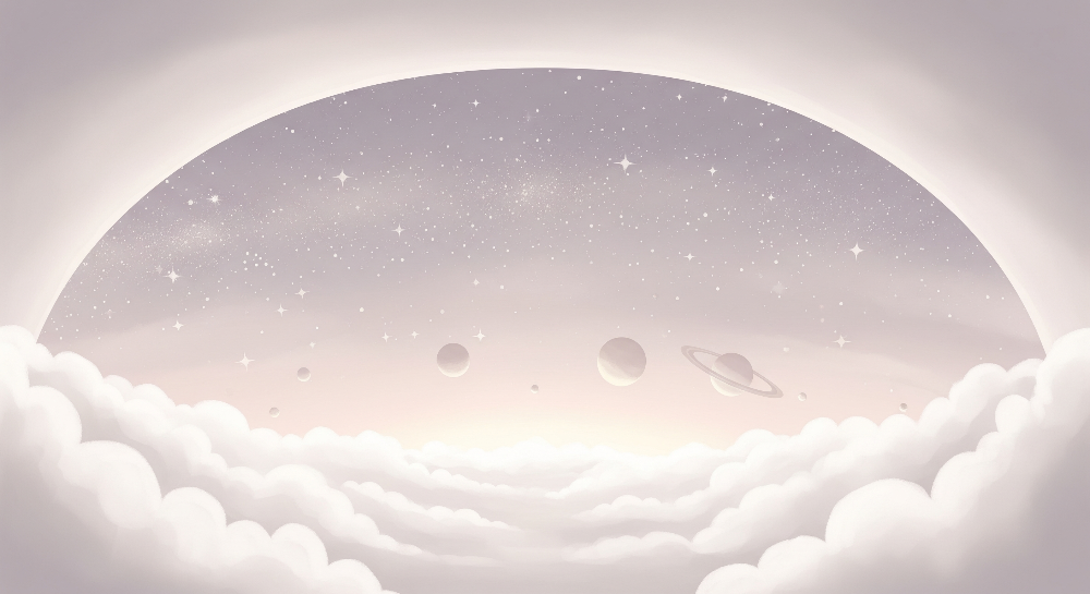 Kids-Mundo flat artwork of a misty grey arch framing ringed planets and soft clouds