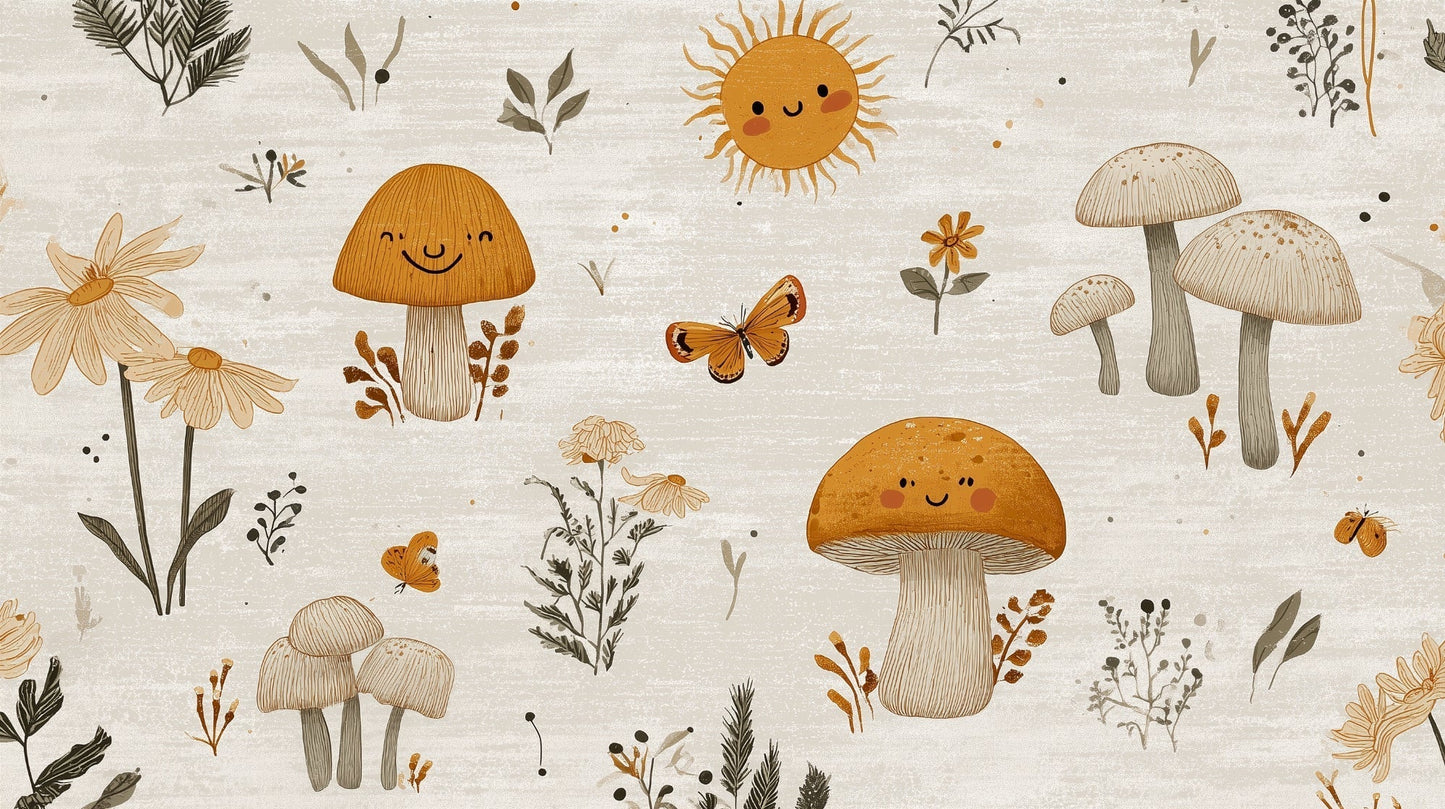 Detailed happy mushrooms mural wallpaper design pattern with butterflies and flowers by Kids-Mundo