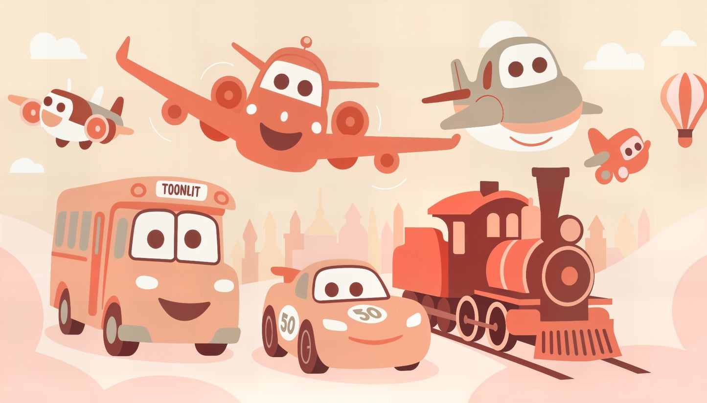 Kids-Mundo flat artwork of smiling cartoon planes, a bus, car, train and hot air balloon in a pastel sky