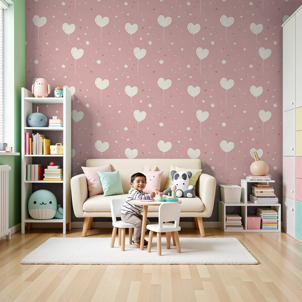 Heart-shaped balloons mural wallpaper in pink nursery setting by Kids-Mundo