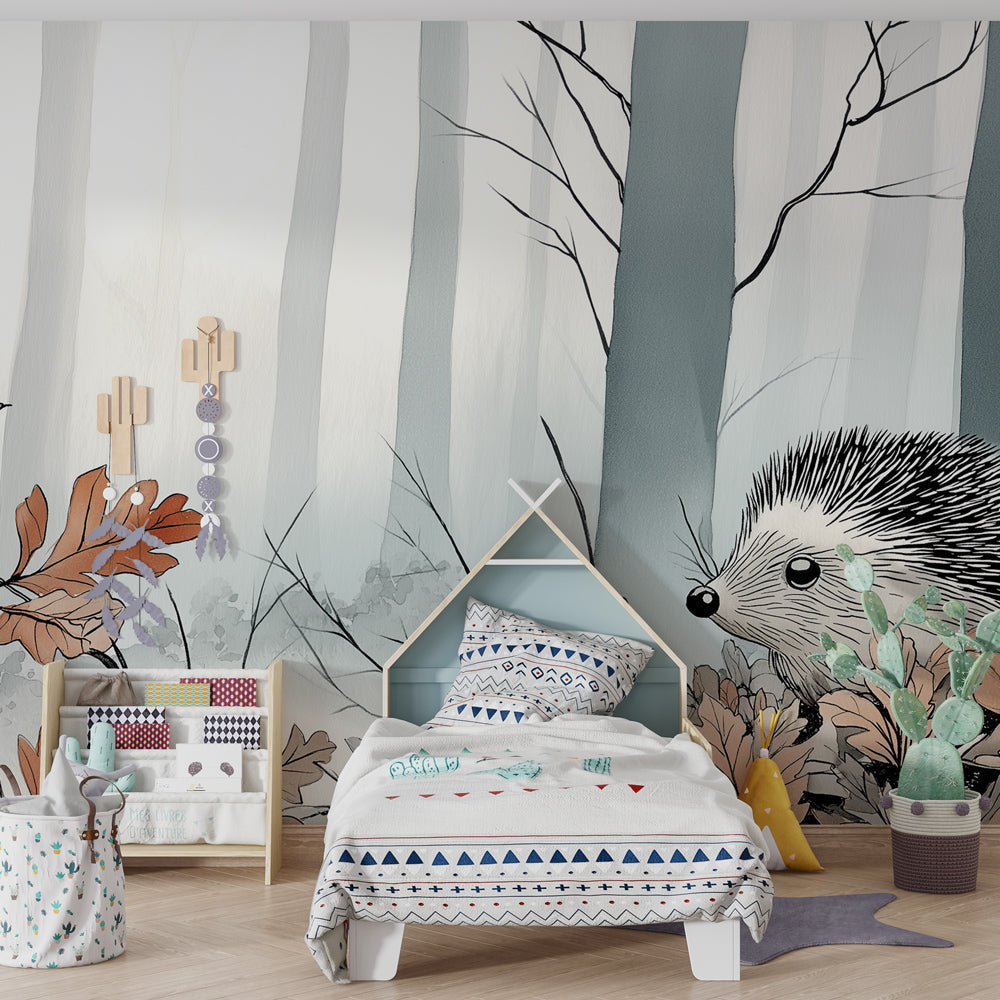 Peaceful hedgehog woodland wallpaper creating serene kids bedroom atmosphere with autumn colors