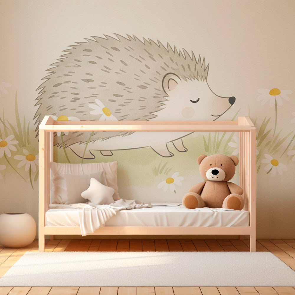 Happy hedgehog wallpaper in peaceful baby bedroom with wooden crib and natural decor