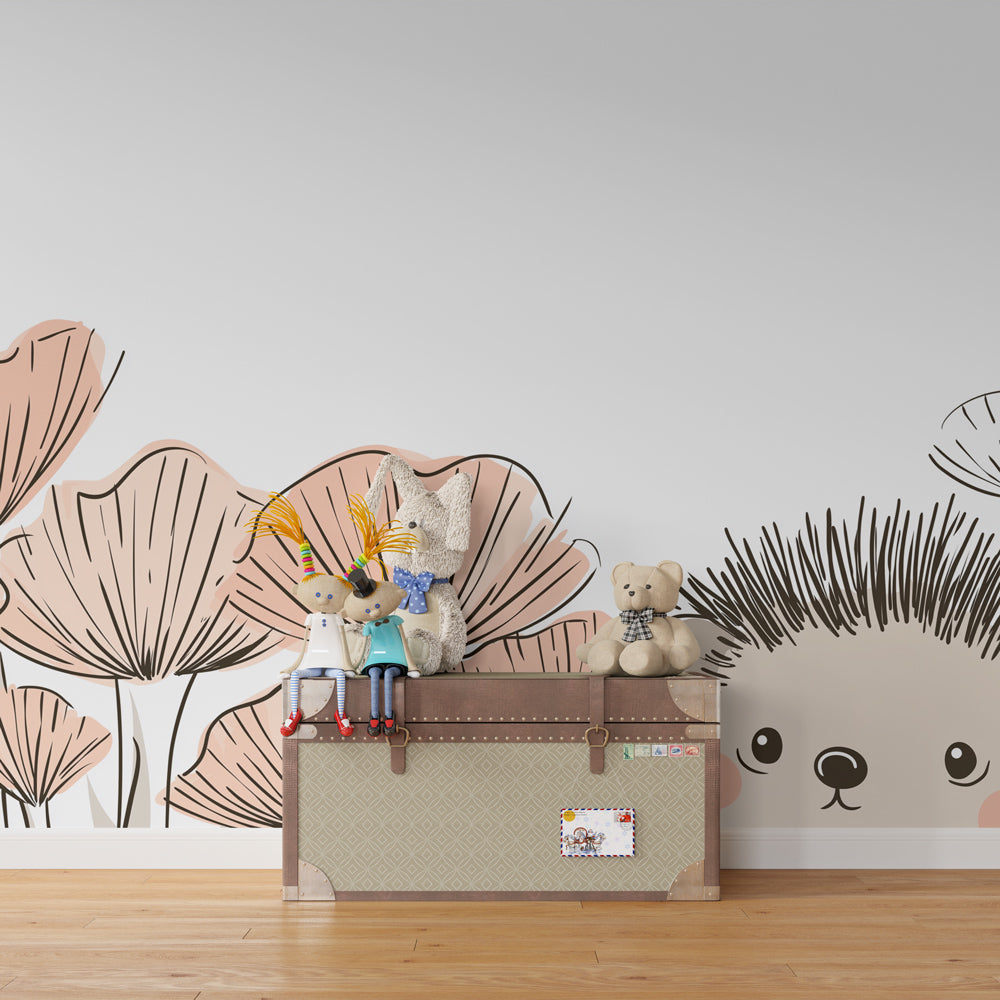 Delicate hedgehog and floral mural wallpaper creating peaceful children's bedroom atmosphere