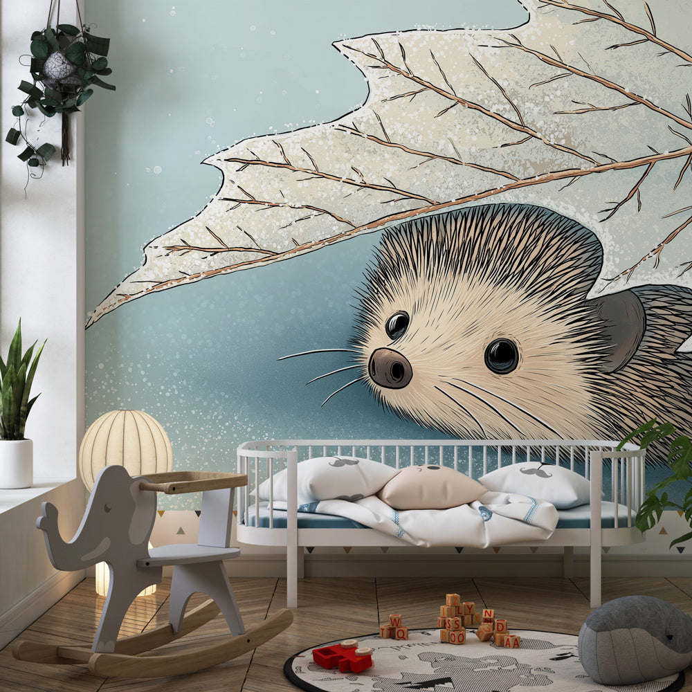 Woodland hedgehog wallpaper creating peaceful children's bedroom atmosphere