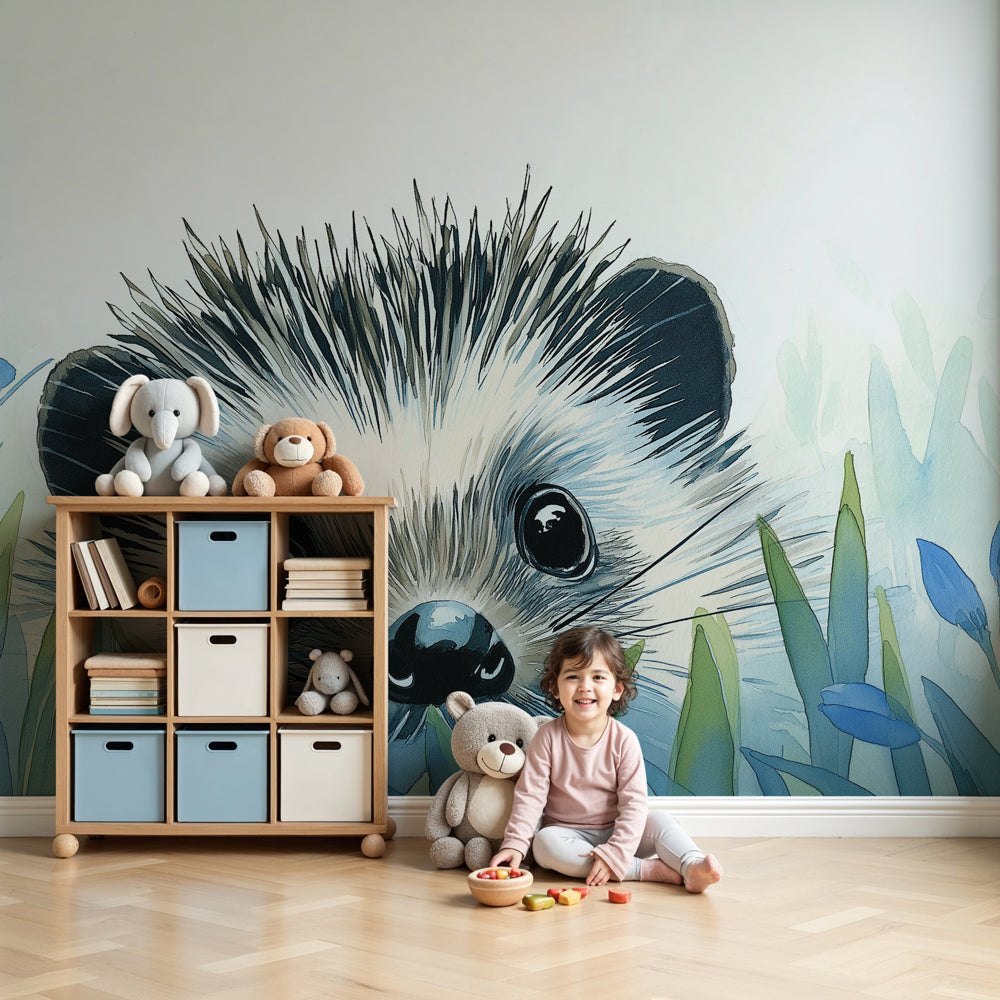 Hedgehog mural wallpaper in modern baby nursery with wooden crib by Kids-Mundo