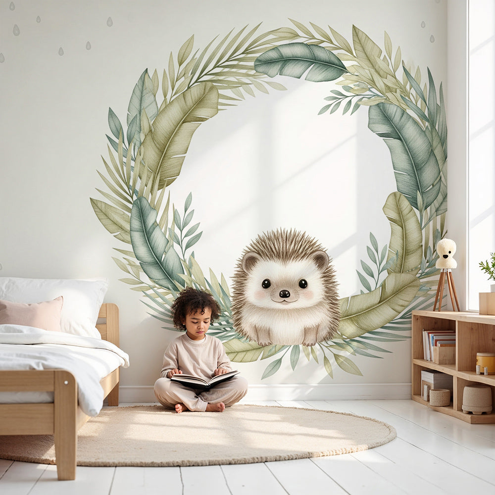 Gentle hedgehog mural wallpaper creating cozy nursery atmosphere with natural foliage design by Kids-Mundo
