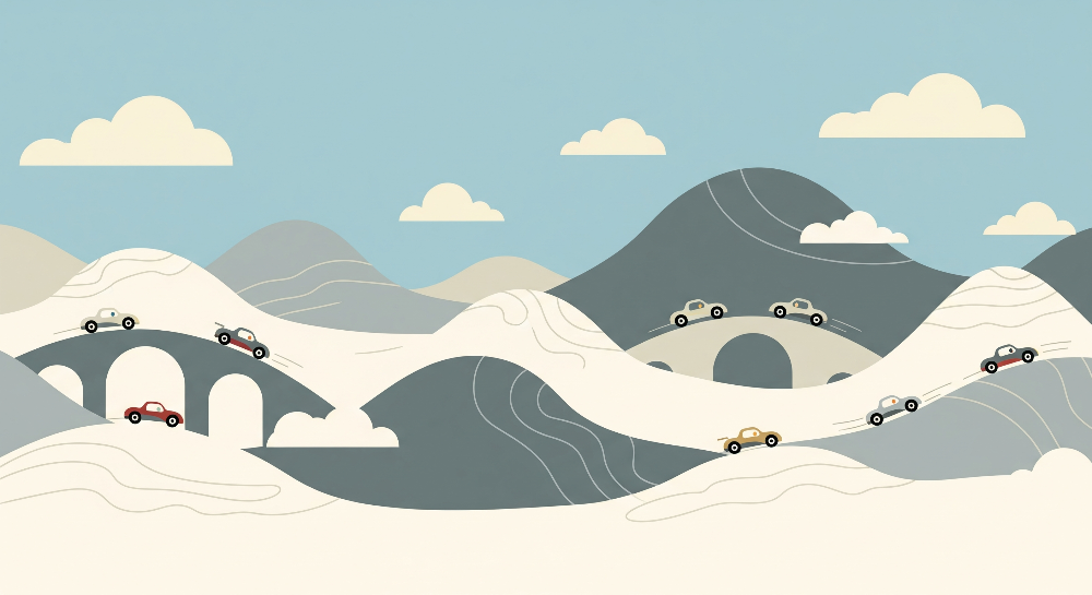Kids-Mundo flat artwork preview of the winding hills wall mural featuring toy cars and stone bridges.