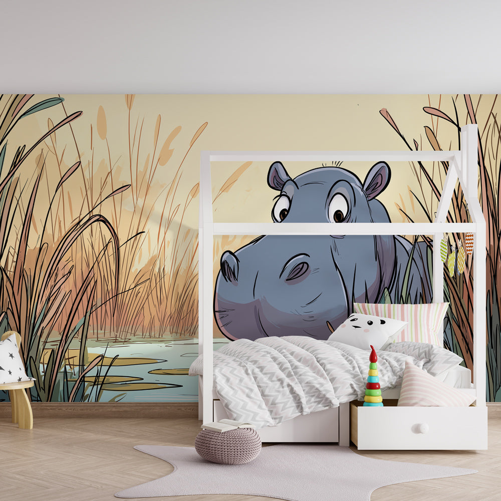 Curious hippo wallpaper transforming children's bedroom with natural pond scene by Kids-Mundo