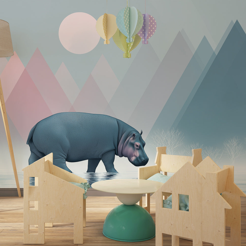 Dreamy hippo wallpaper creating peaceful children's bedroom decor with safari theme