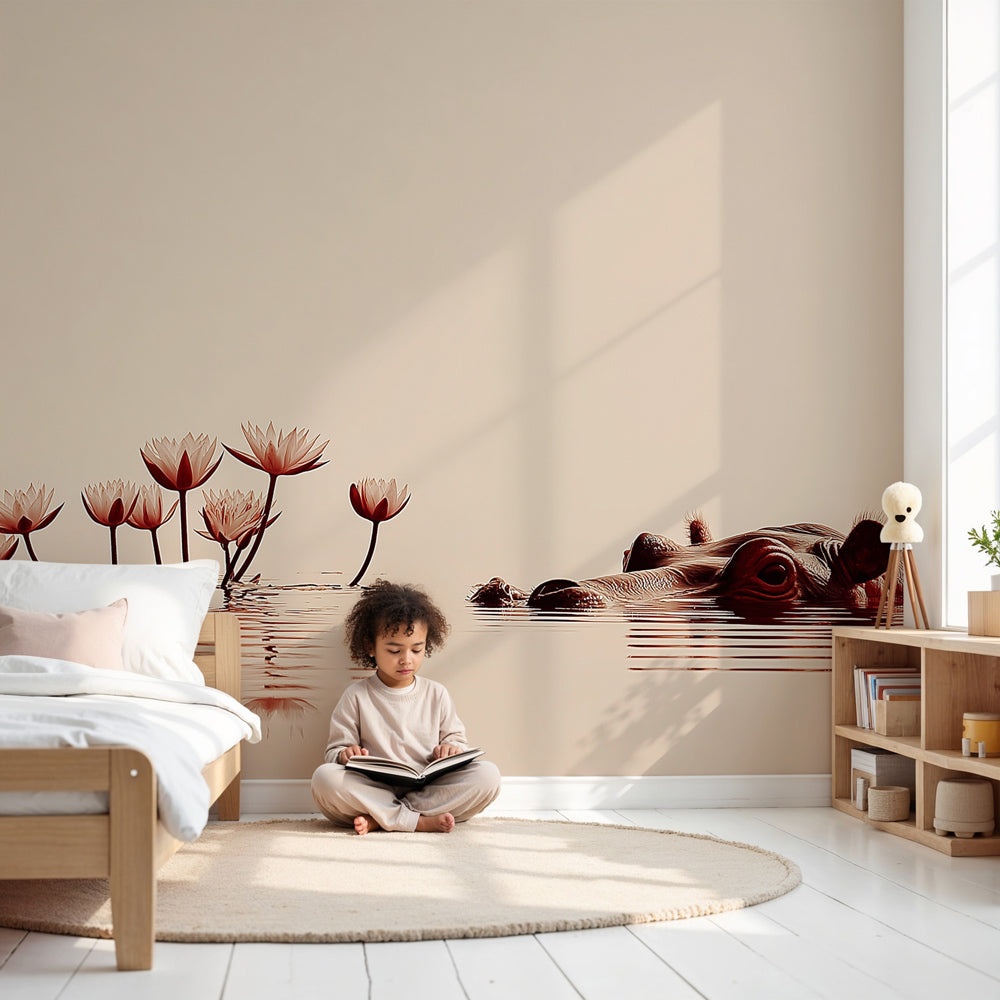 Peaceful hippo water lily mural wallpaper in serene nursery setting by Kids-Mundo