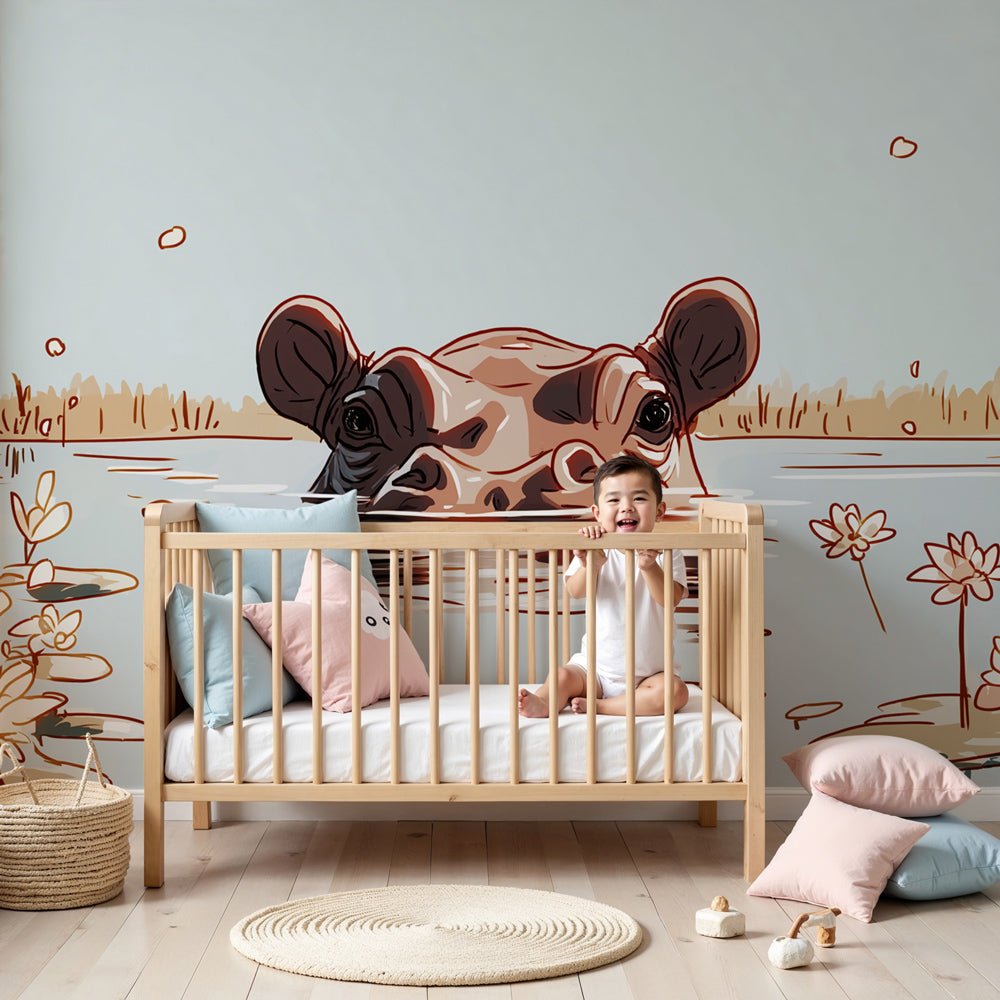 Peaceful hippo mural wallpaper in modern nursery room with natural decor by Kids-Mundo