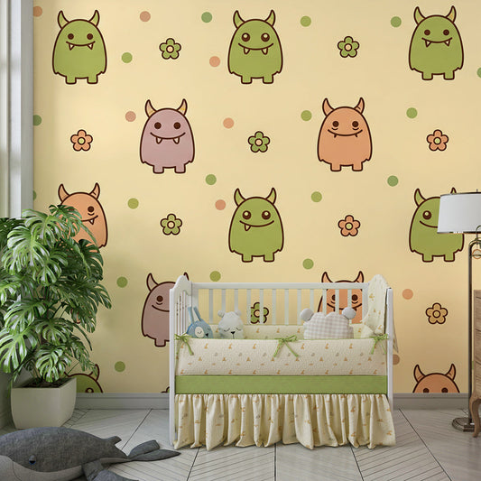 Kids bedroom wall styled with a Kids-Mundo horned monster mural in green, tan and lavender tones.