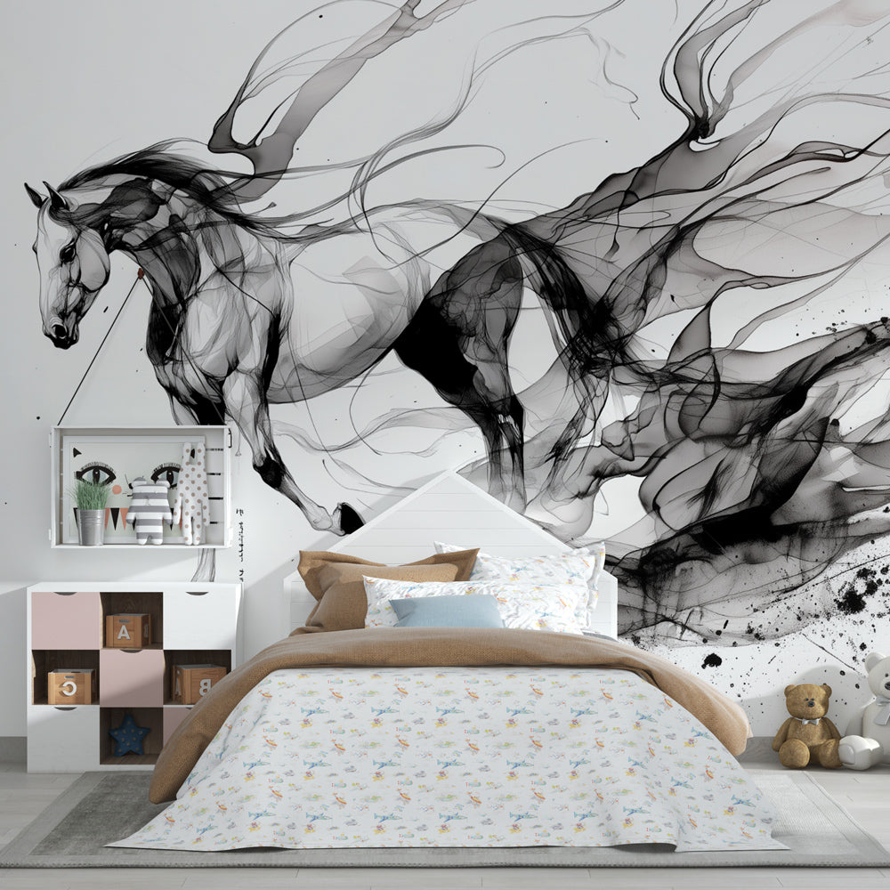 Black and white horse wallpaper creating inspiring nursery atmosphere with artistic brushstrokes